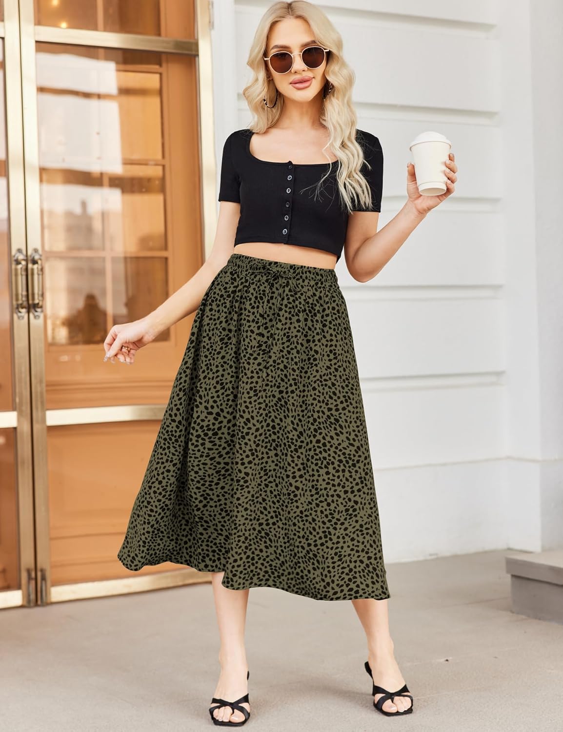 Women Floral Print Midi Skirt Summer Balck