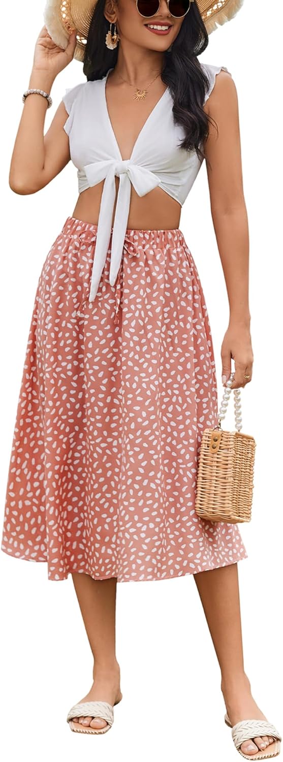 Women Floral Print Midi Skirt Summer Balck