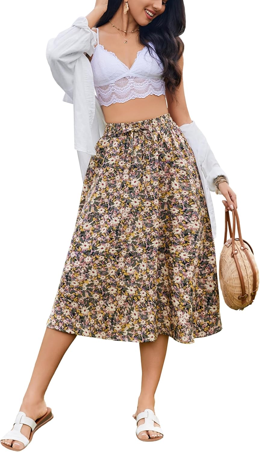 Women Floral Print Midi Skirt Summer Balck