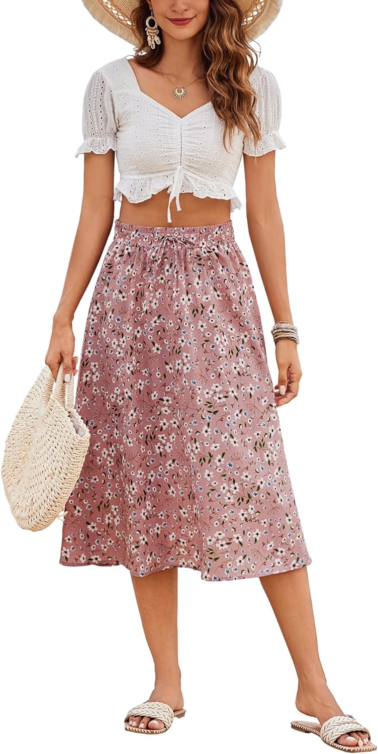 Women Floral Print Midi Skirt Summer Balck