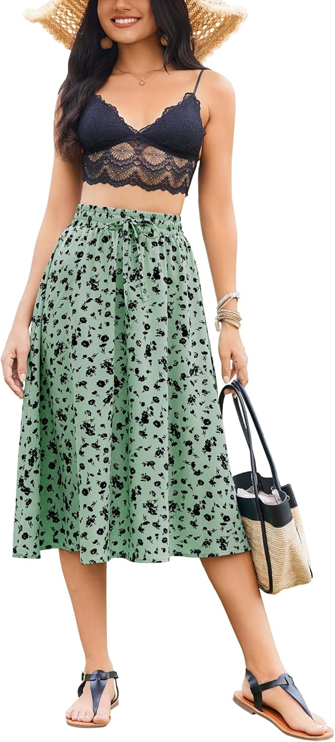 Women Floral Print Midi Skirt Summer Balck