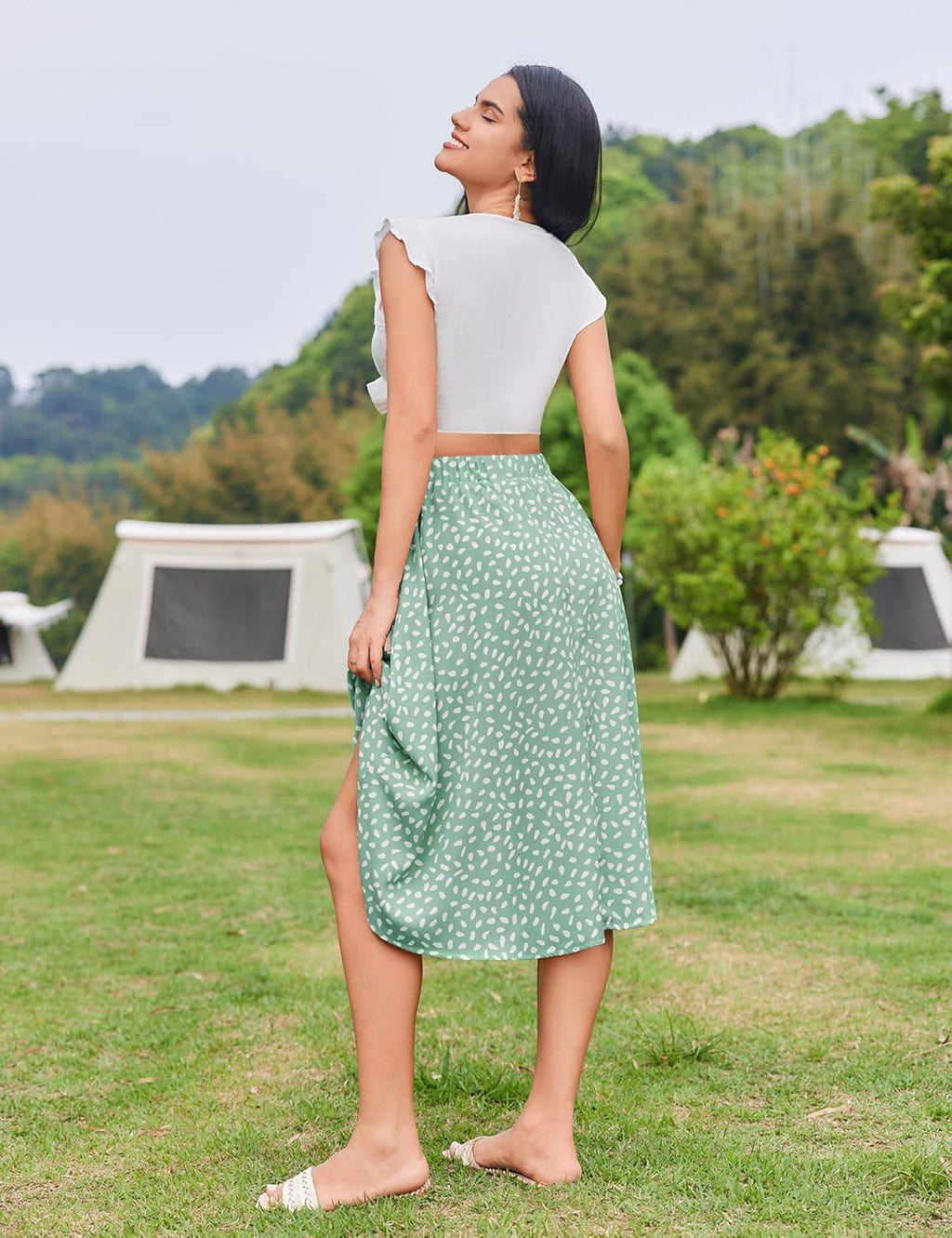 Women Floral Print Midi Skirt Summer Balck