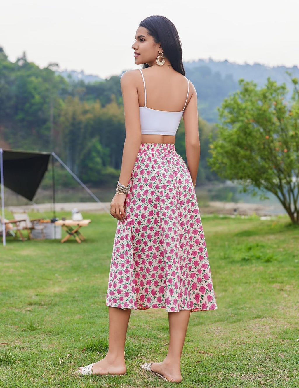 Women Floral Print Midi Skirt Summer Balck