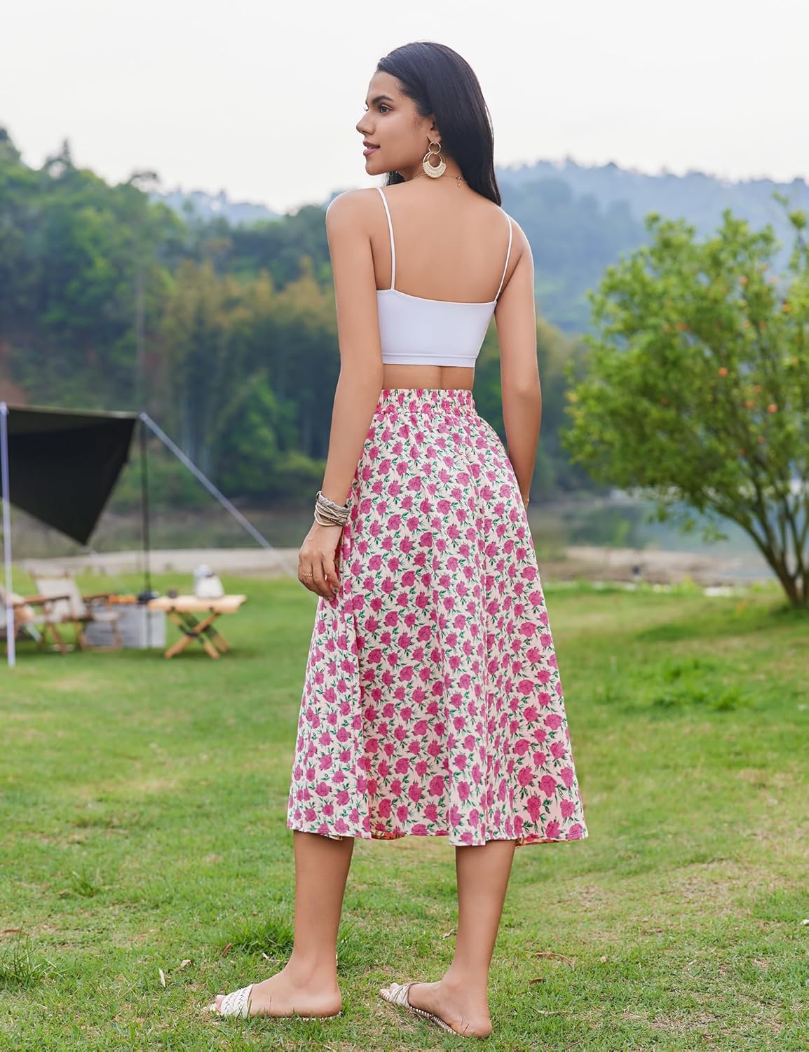 Women Floral Print Midi Skirt Summer Balck