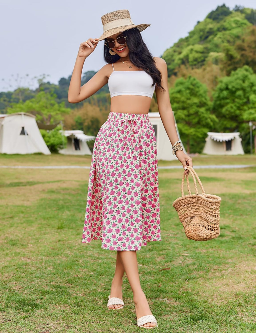 Women Floral Print Midi Skirt Summer Balck