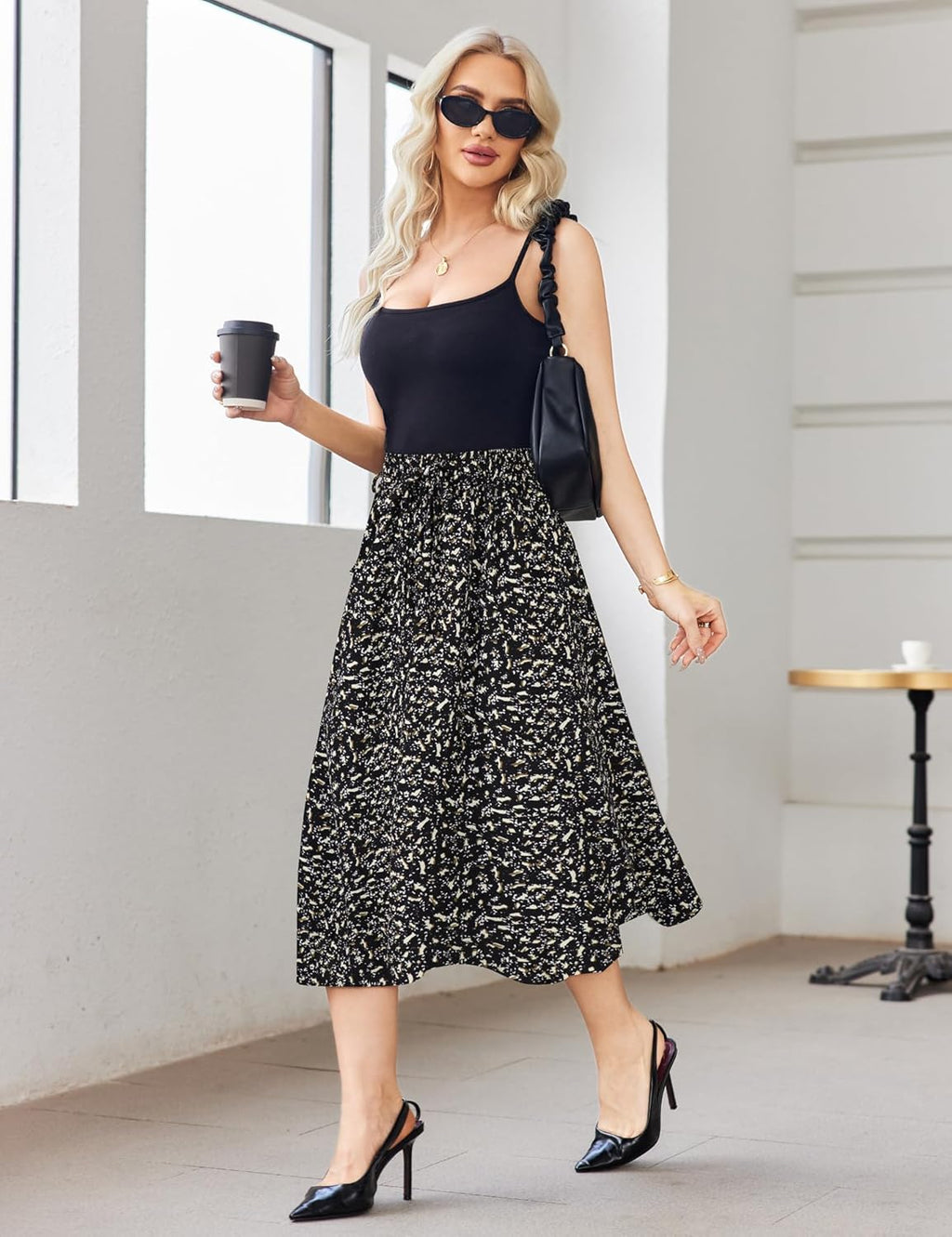 Women Floral Print Midi Skirt Summer Balck