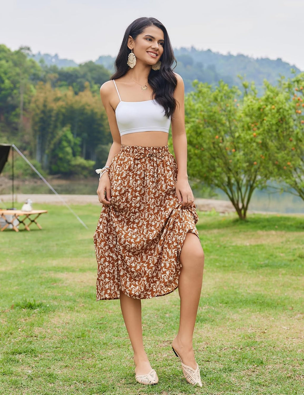 Women Floral Print Midi Skirt Summer Balck