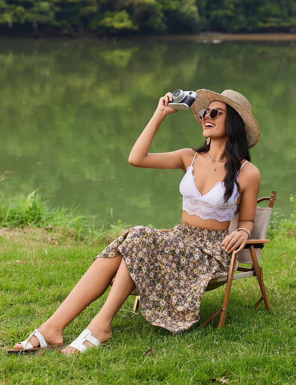 Women Floral Print Midi Skirt Summer Balck