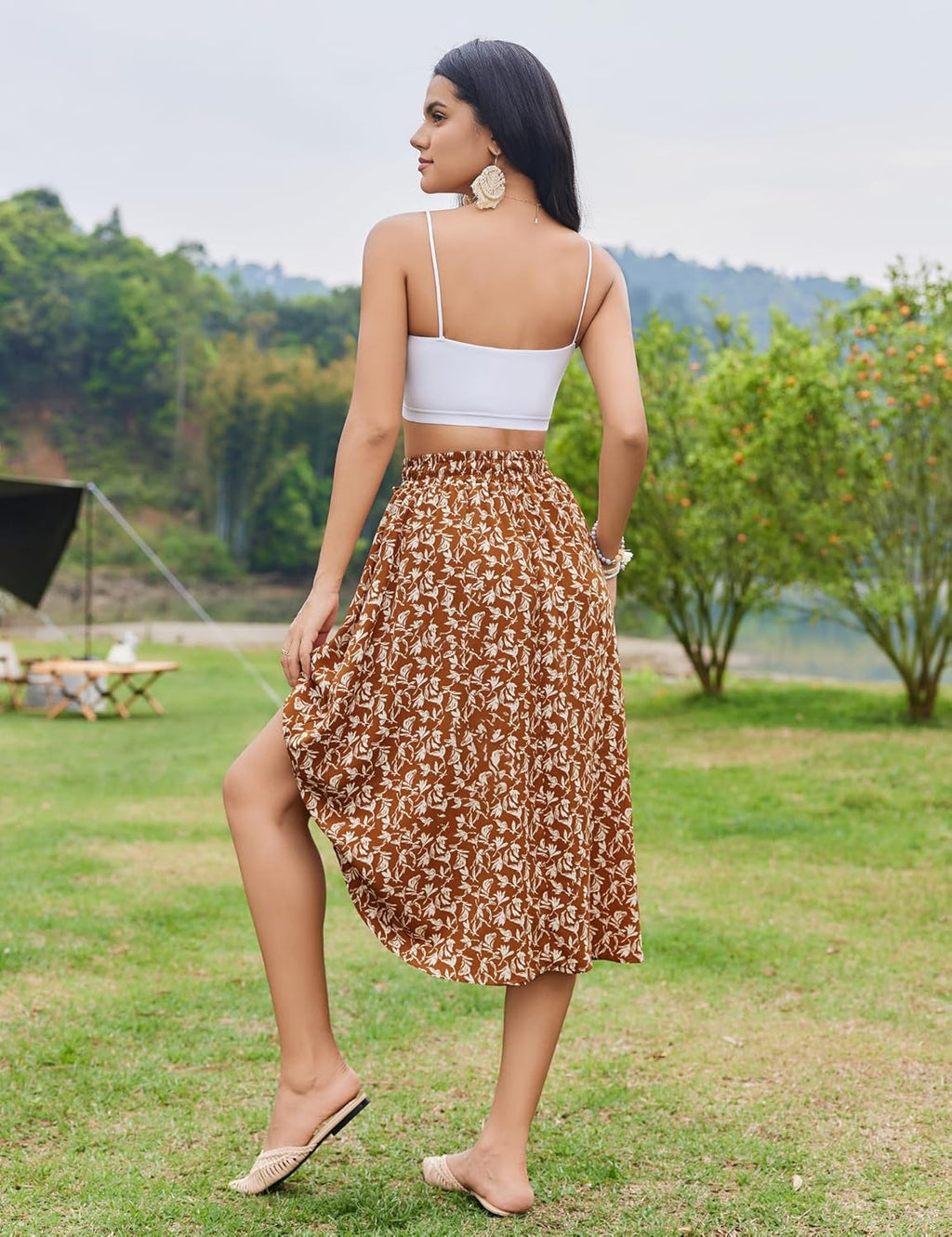 Women Floral Print Midi Skirt Summer Balck