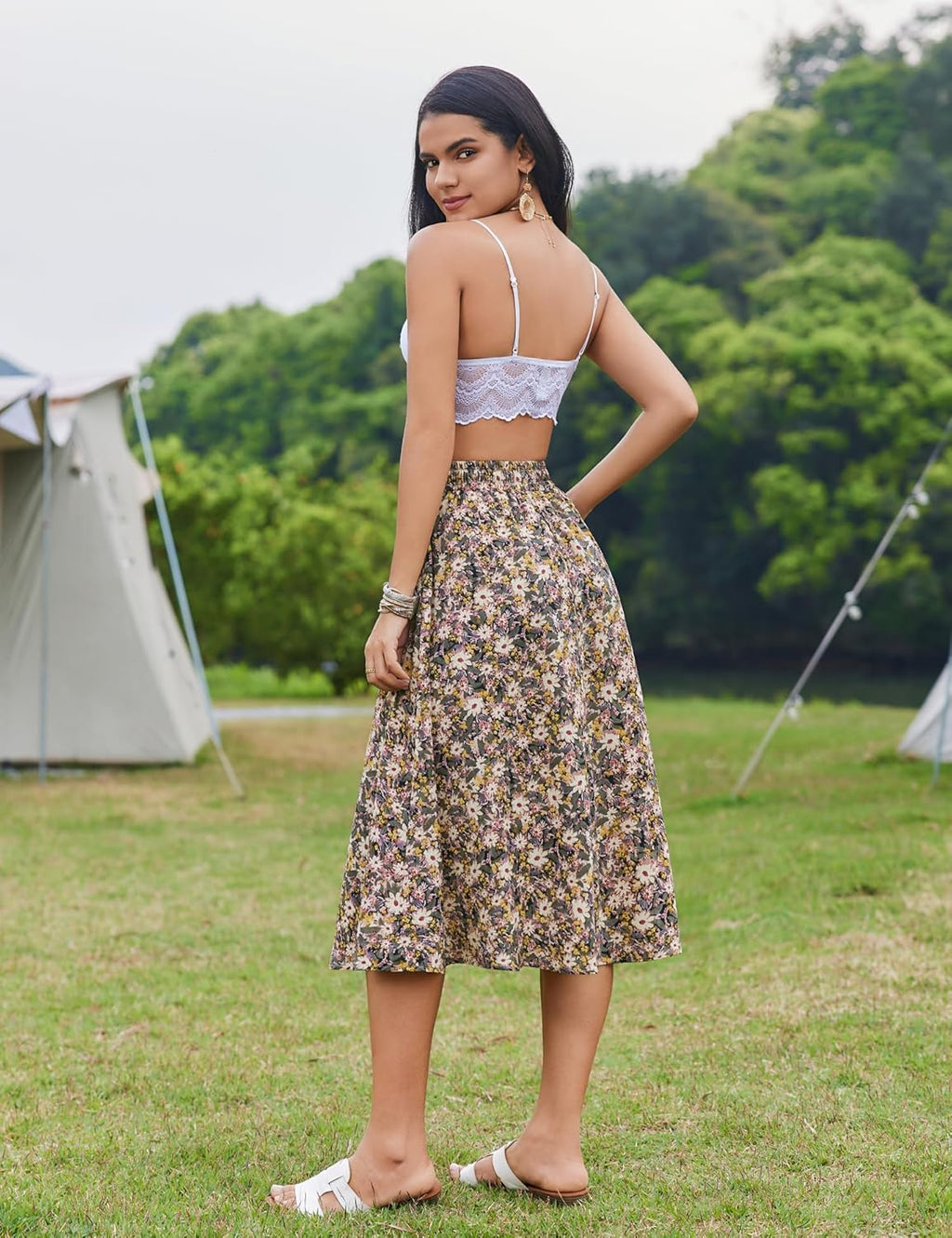 Women Floral Print Midi Skirt Summer Balck