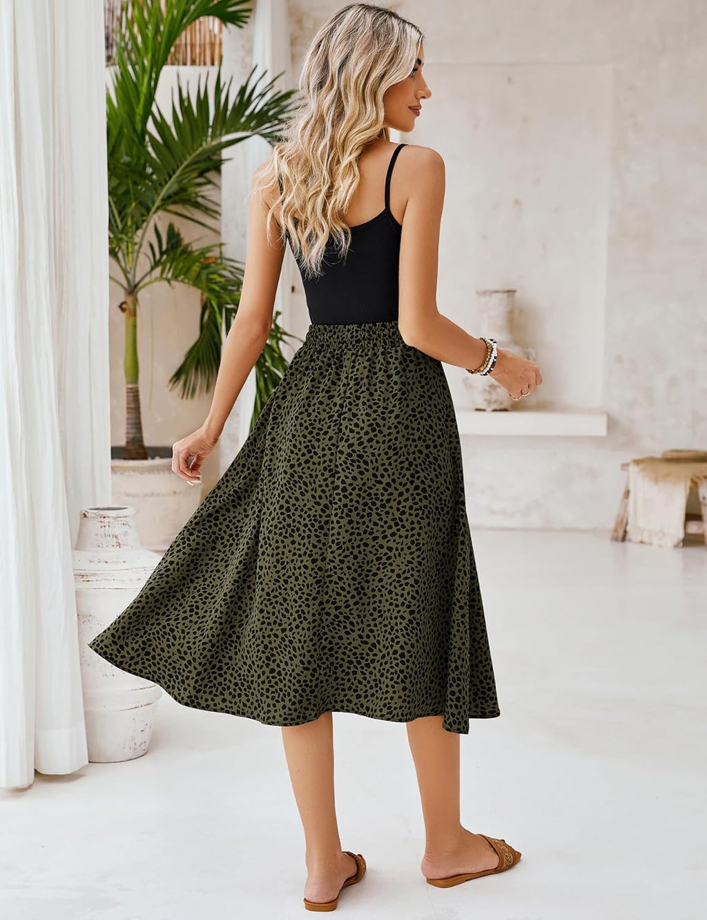Women Floral Print Midi Skirt Summer Balck