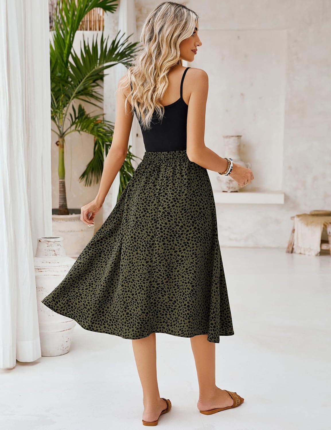 Women Floral Print Midi Skirt Summer Balck