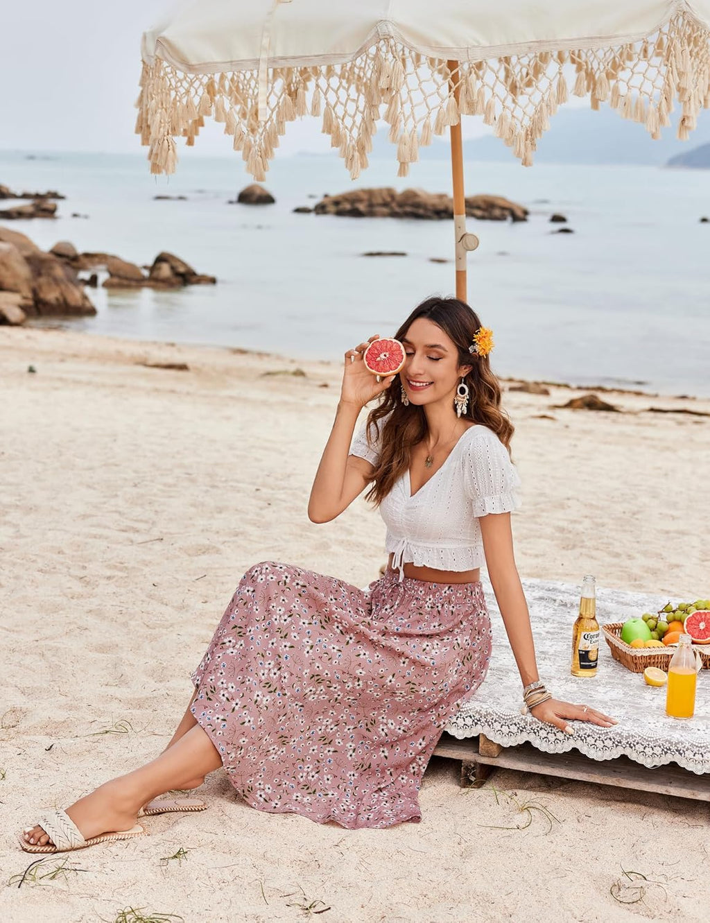 Women Floral Print Midi Skirt Summer Balck