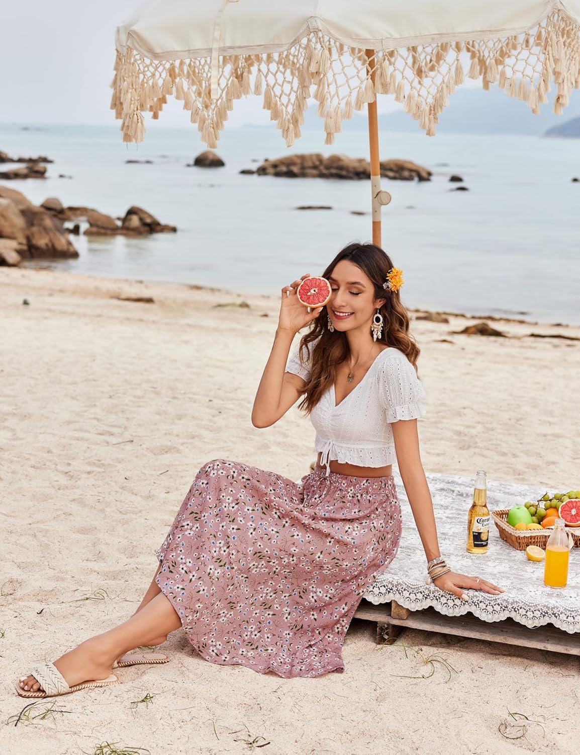 Women Floral Print Midi Skirt Summer Balck