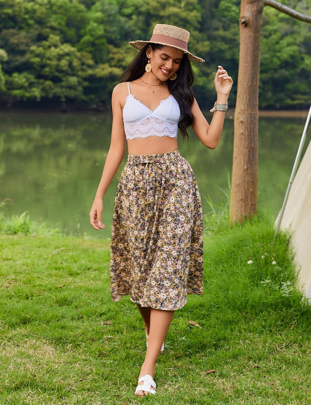 Women Floral Print Midi Skirt Summer Balck