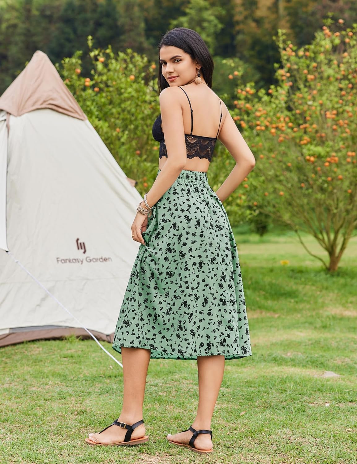 Women Floral Print Midi Skirt Summer Balck
