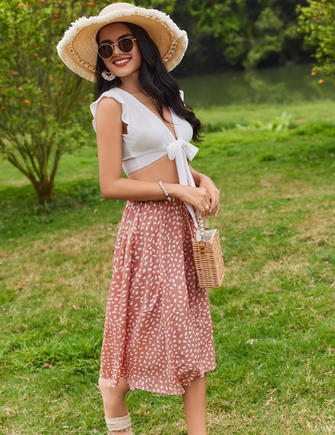 Women Floral Print Midi Skirt Summer Balck