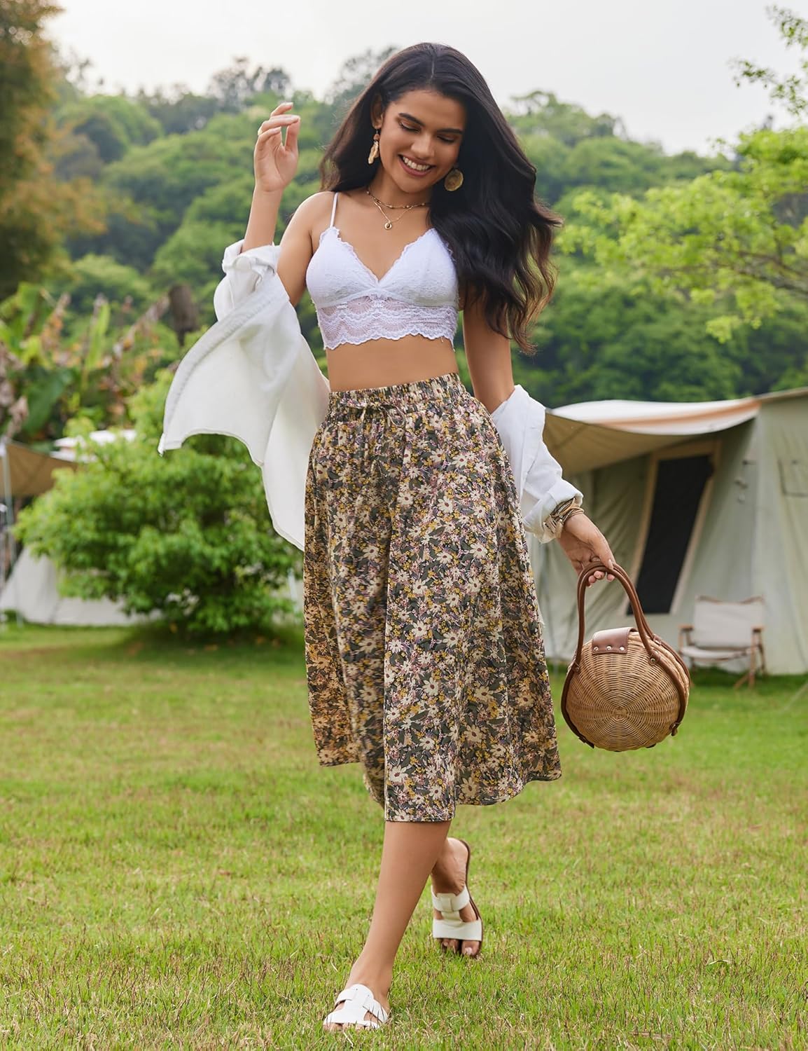 Women Floral Print Midi Skirt Summer Balck