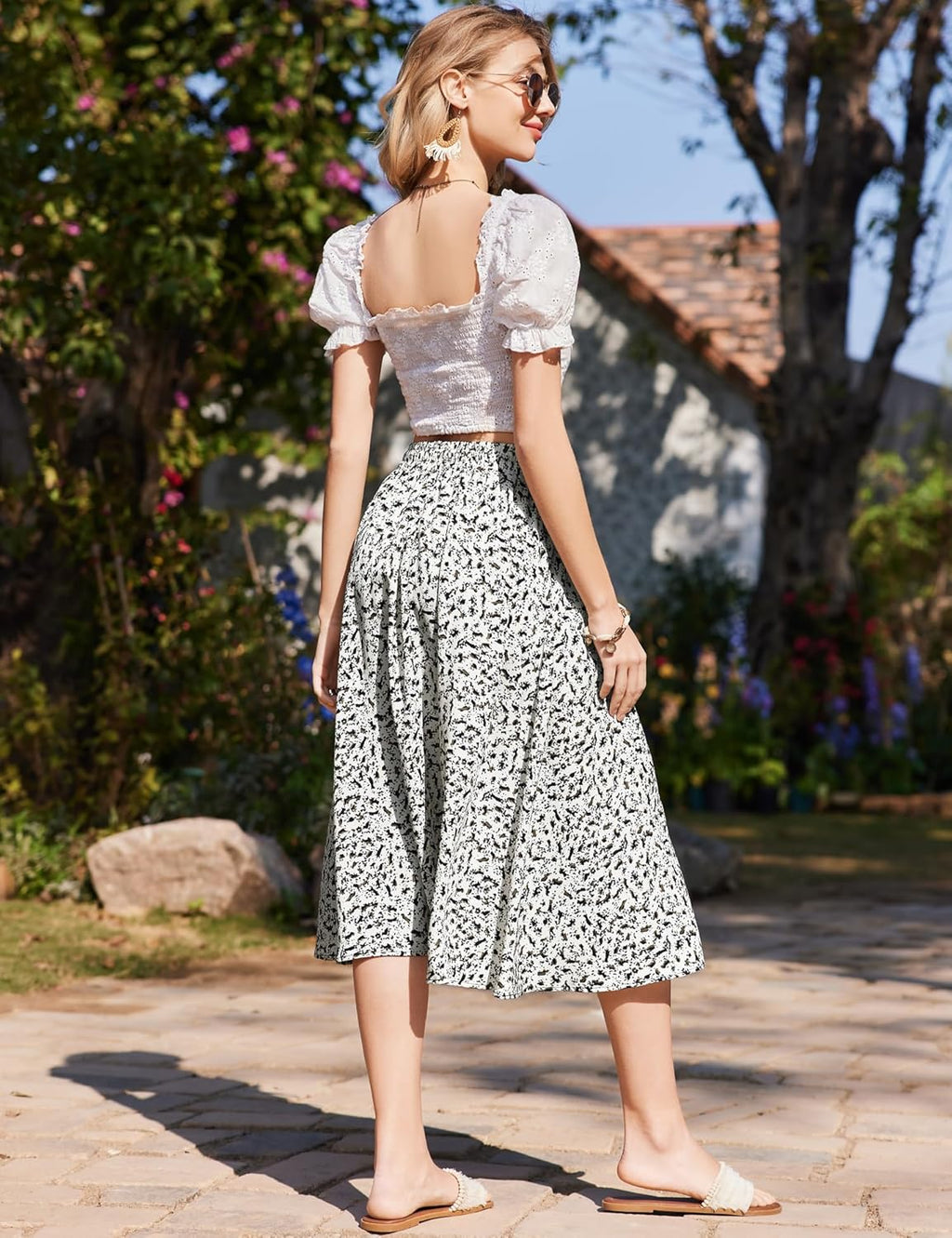 Women Floral Print Midi Skirt Summer Balck