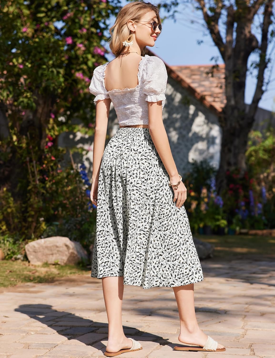 Women Floral Print Midi Skirt Summer Balck