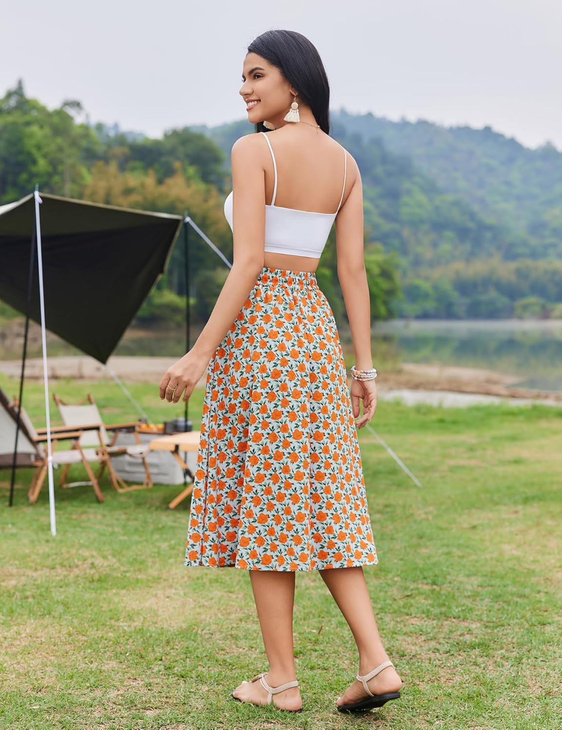 Women Floral Print Midi Skirt Summer Balck