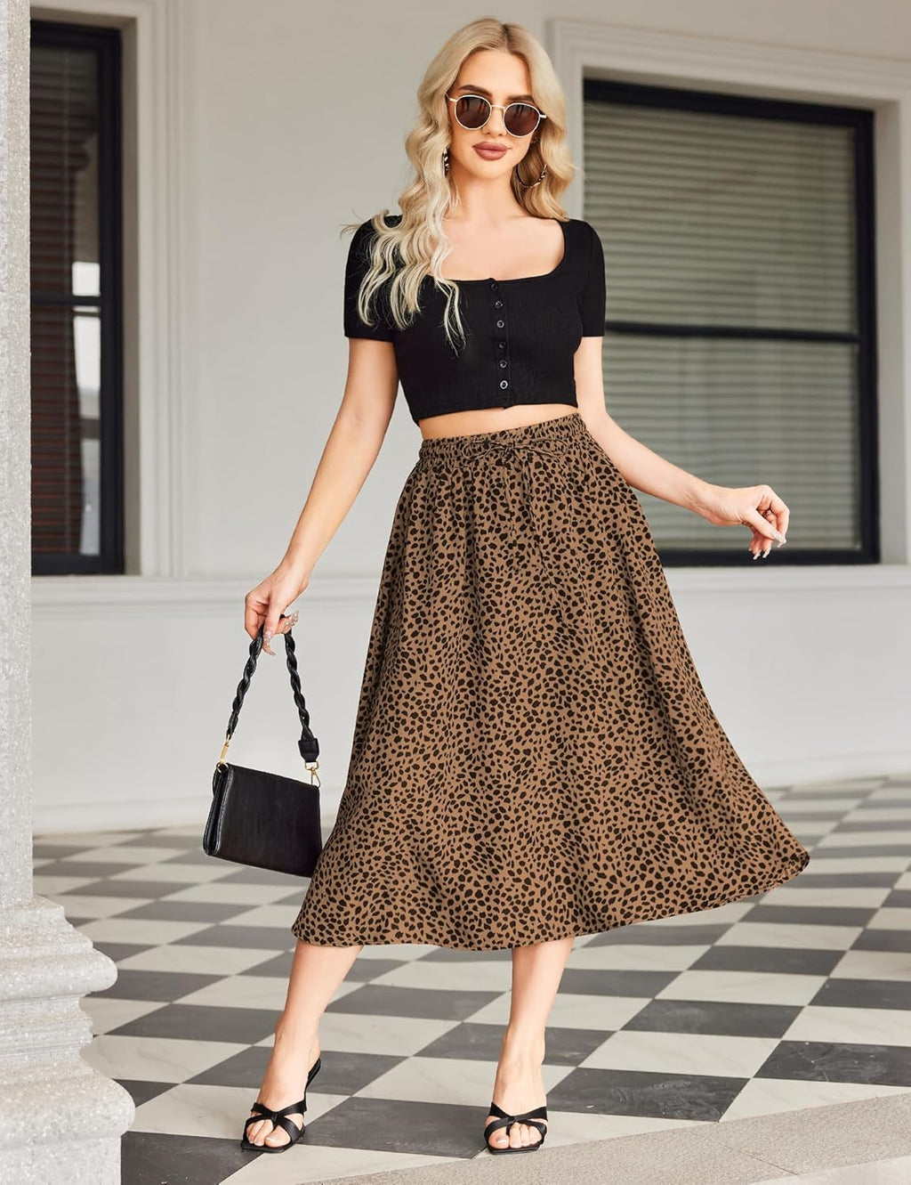 Women Floral Print Midi Skirt Summer Balck