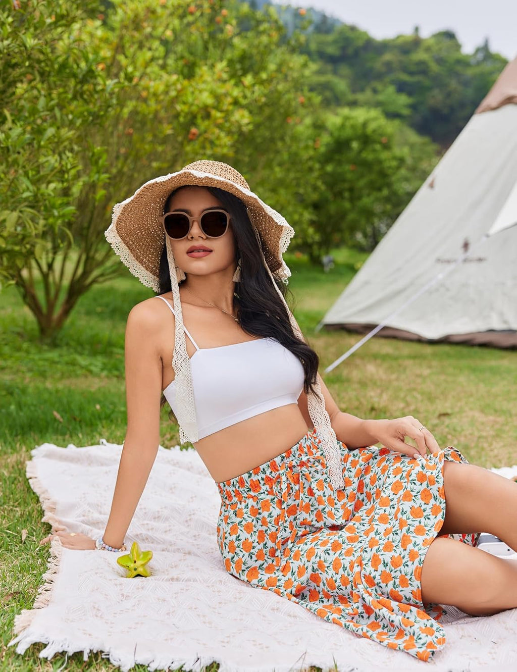 Women Floral Print Midi Skirt Summer Balck