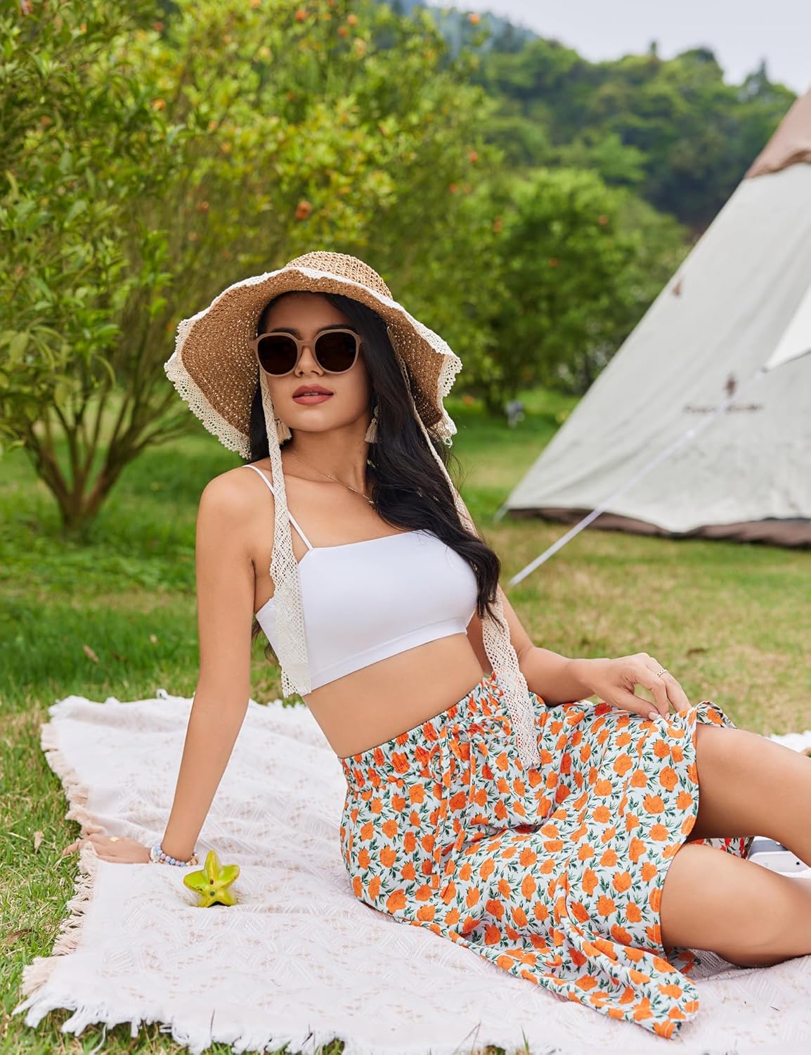 Women Floral Print Midi Skirt Summer Balck