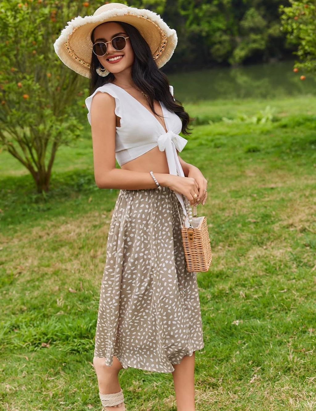 Women Floral Print Midi Skirt Summer Balck