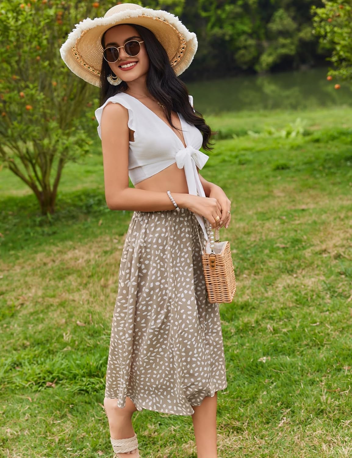 Women Floral Print Midi Skirt Summer Balck