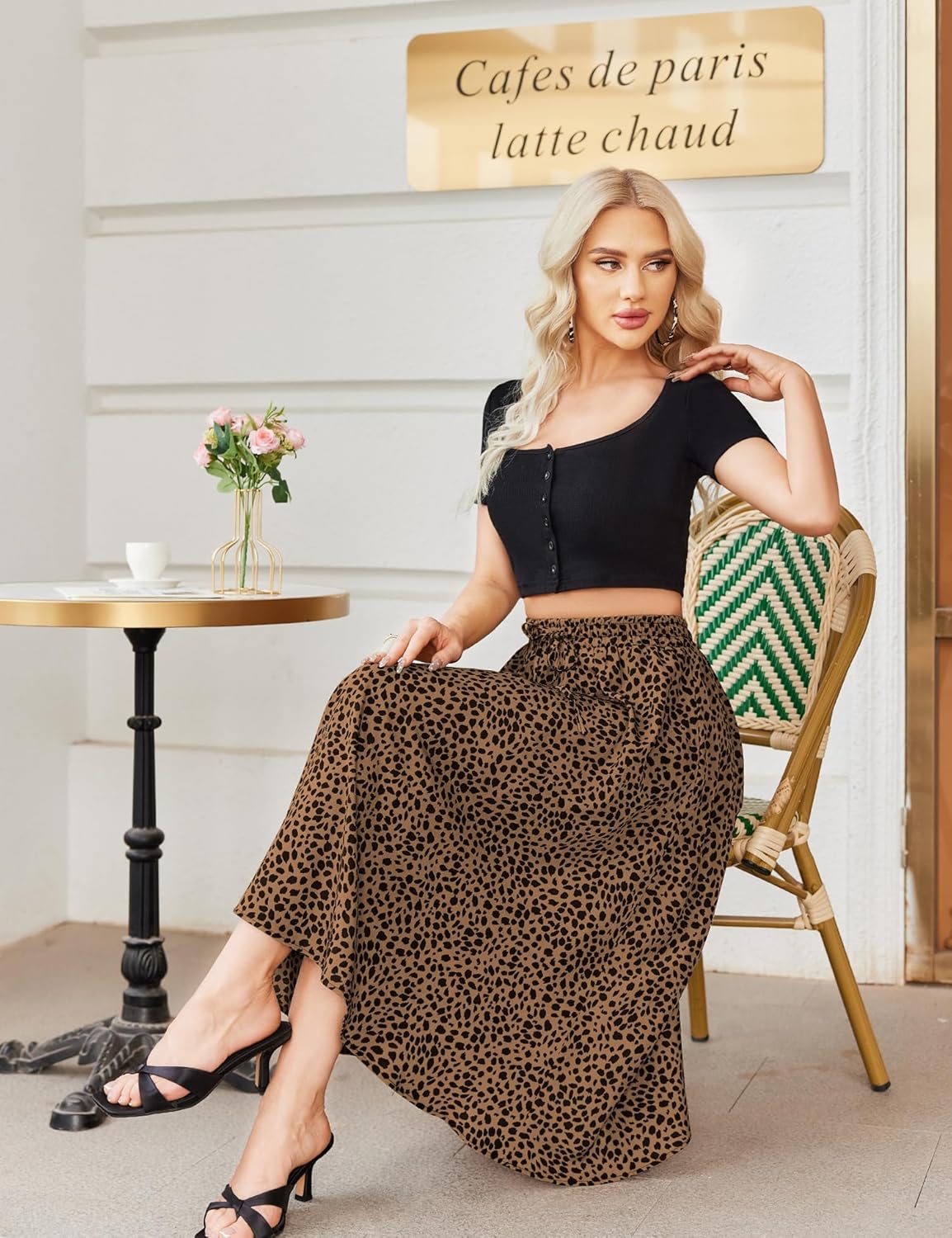 Women Floral Print Midi Skirt Summer Balck
