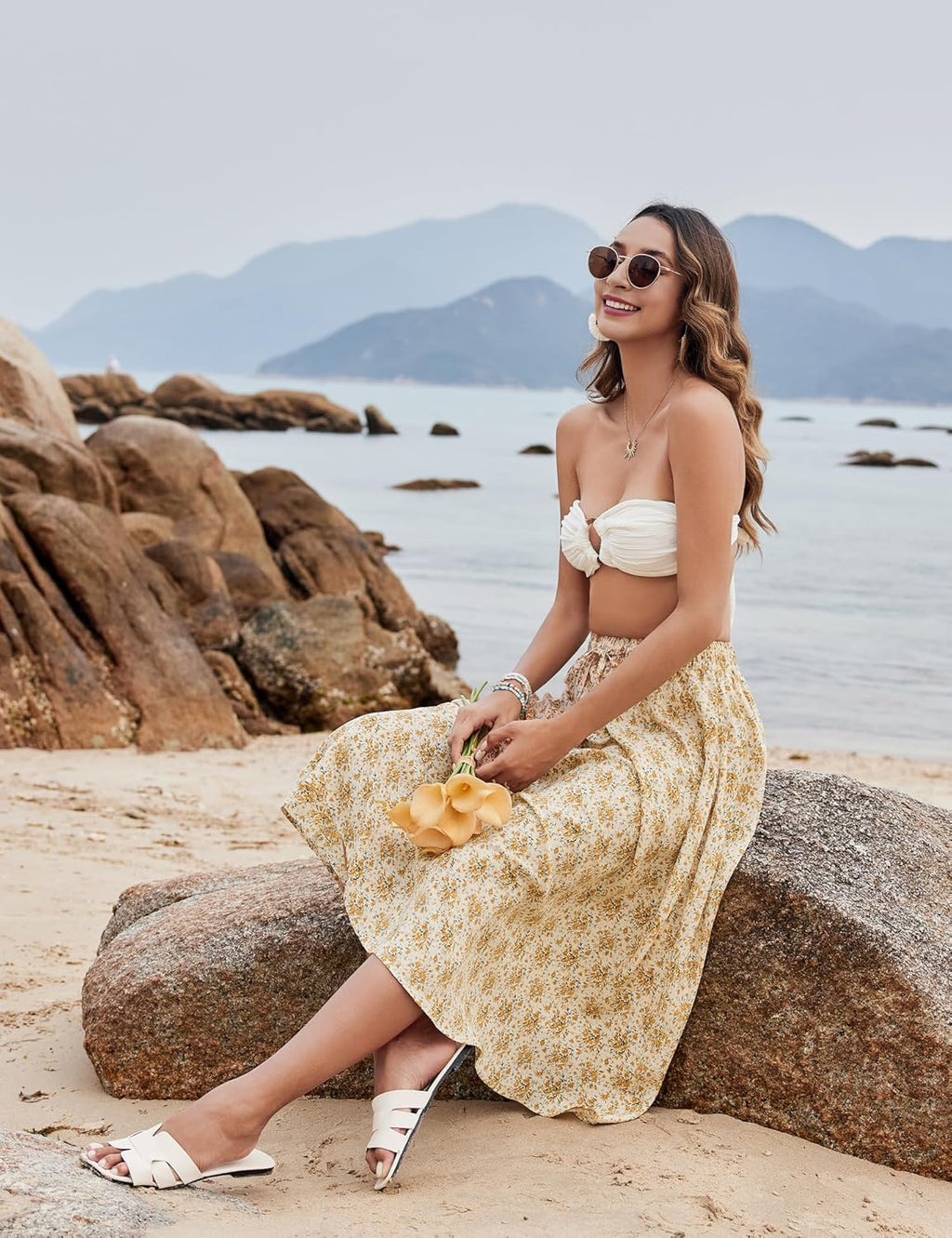 Women Floral Print Midi Skirt Summer Balck