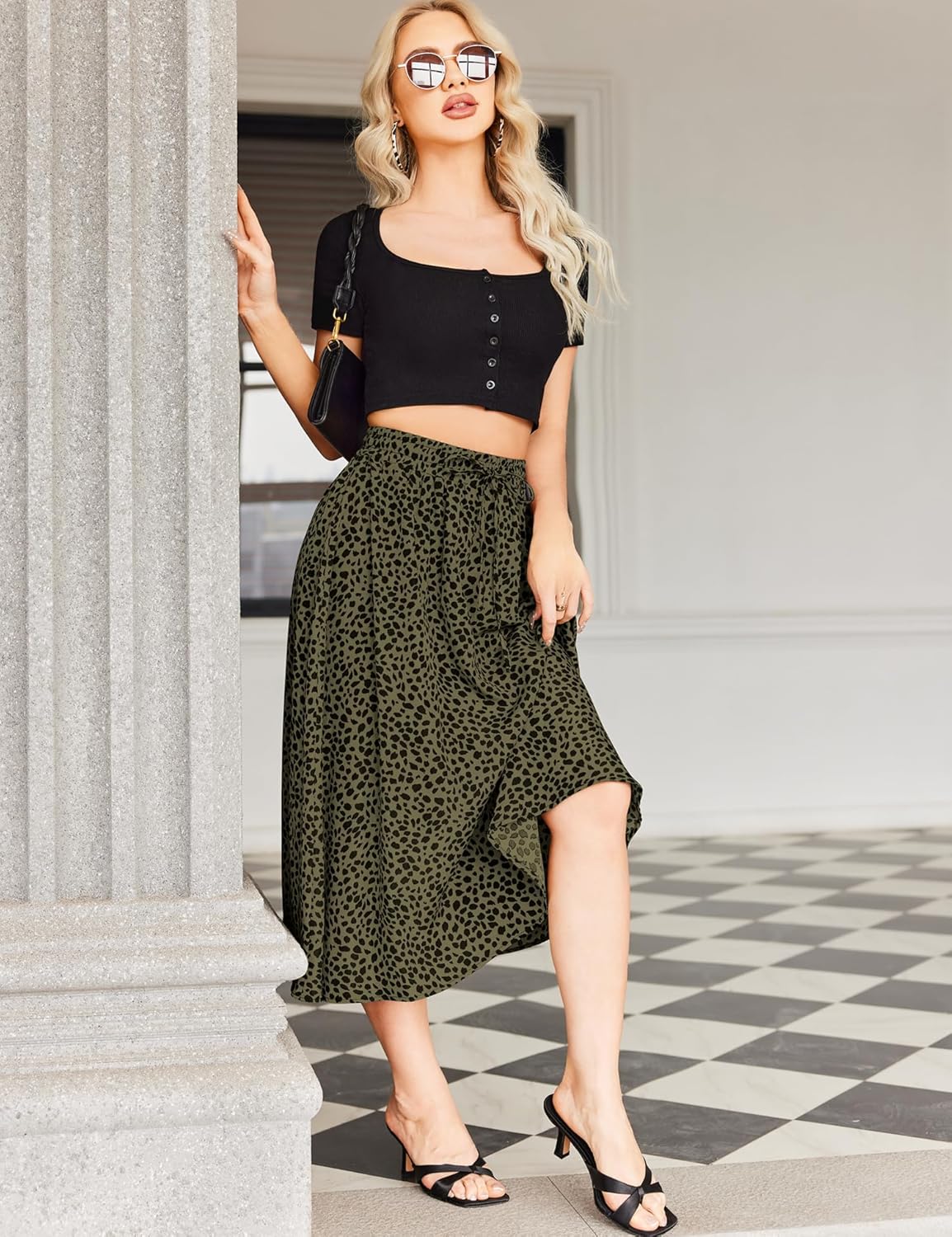 Women Floral Print Midi Skirt Summer Balck
