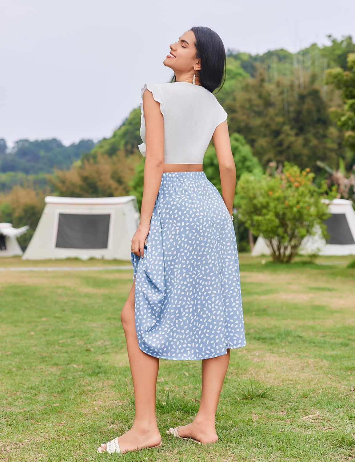 Women Floral Print Midi Skirt Summer Balck