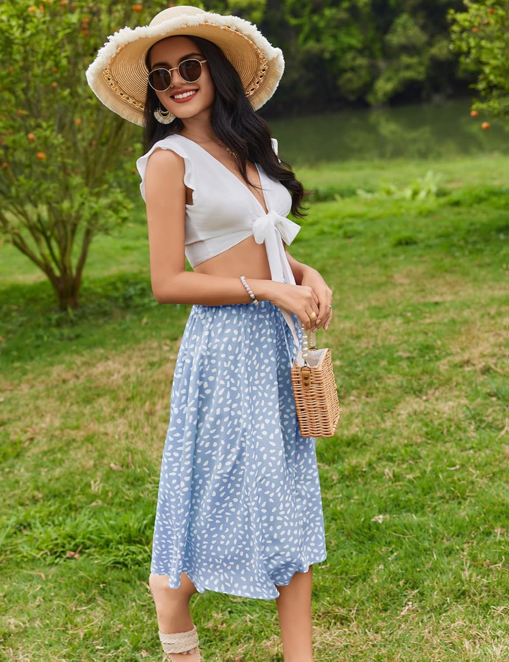 Women Floral Print Midi Skirt Summer Balck