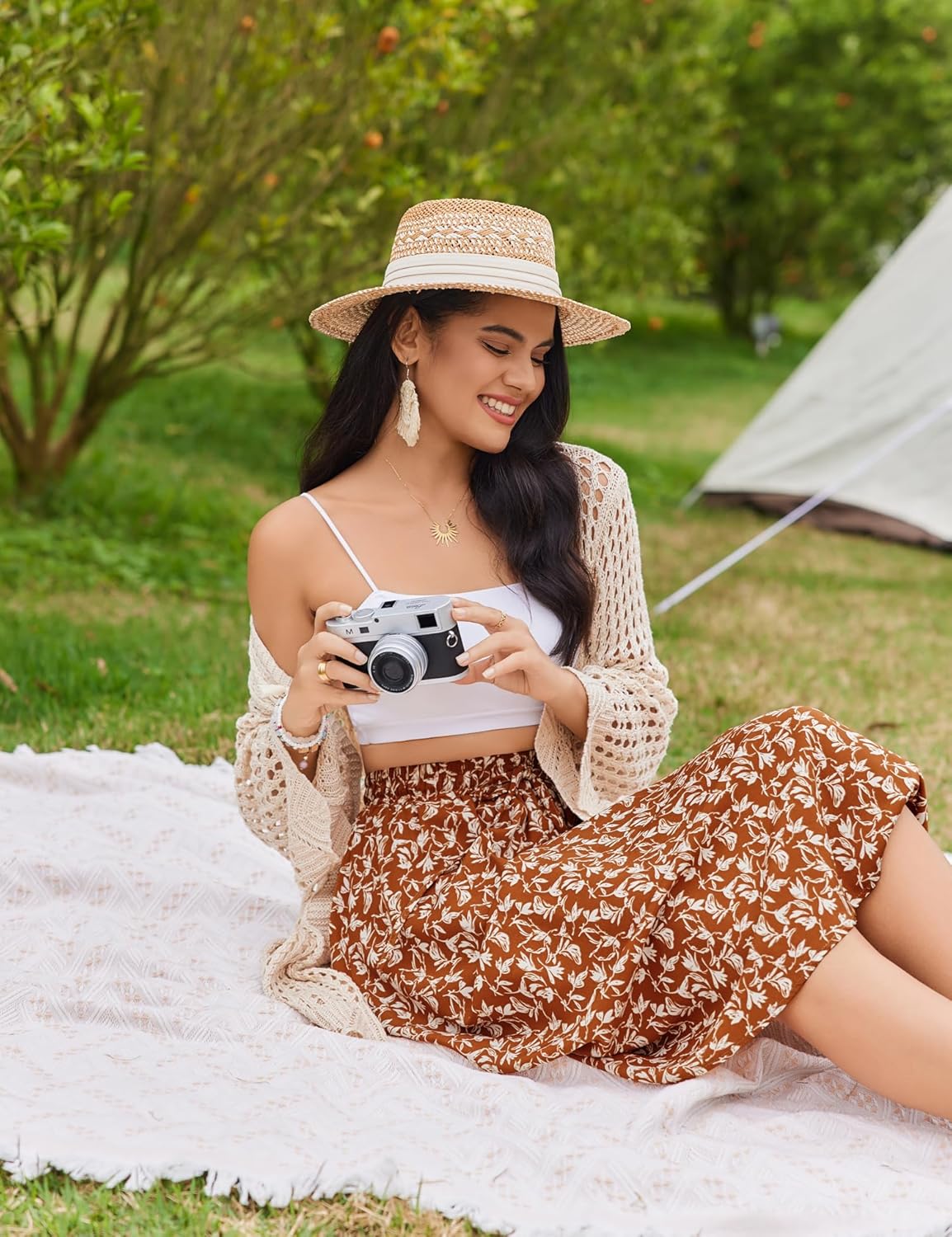 Women Floral Print Midi Skirt Summer Balck