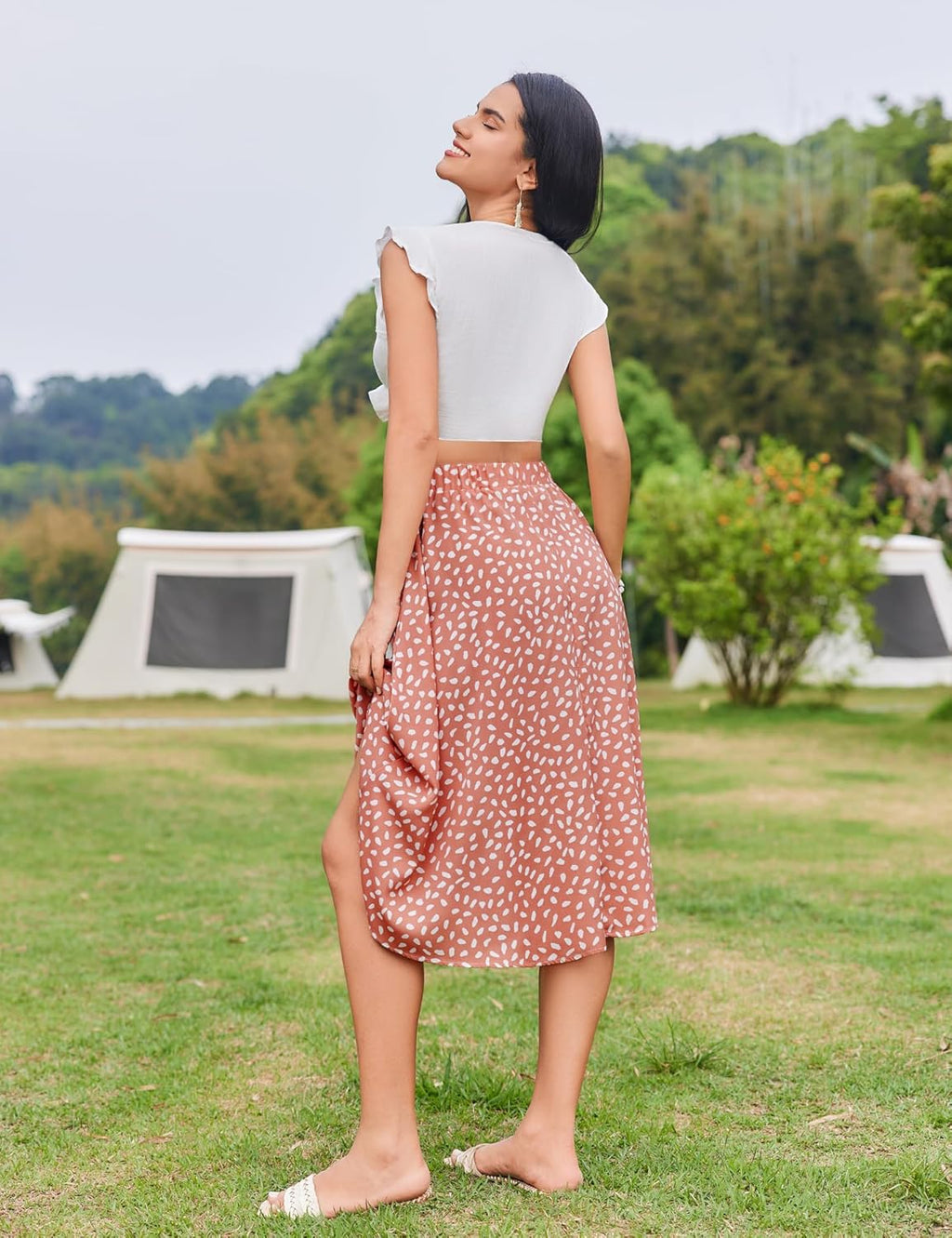 Women Floral Print Midi Skirt Summer Balck
