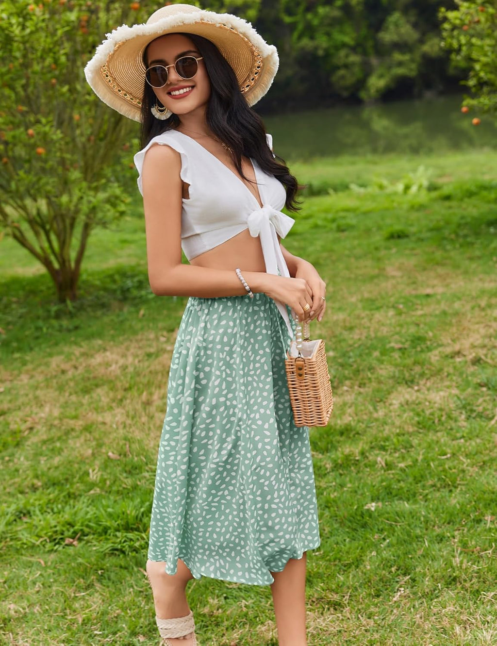 Women Floral Print Midi Skirt Summer Balck