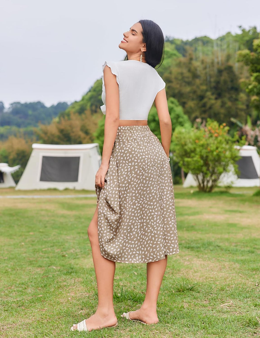 Women Floral Print Midi Skirt Summer Balck