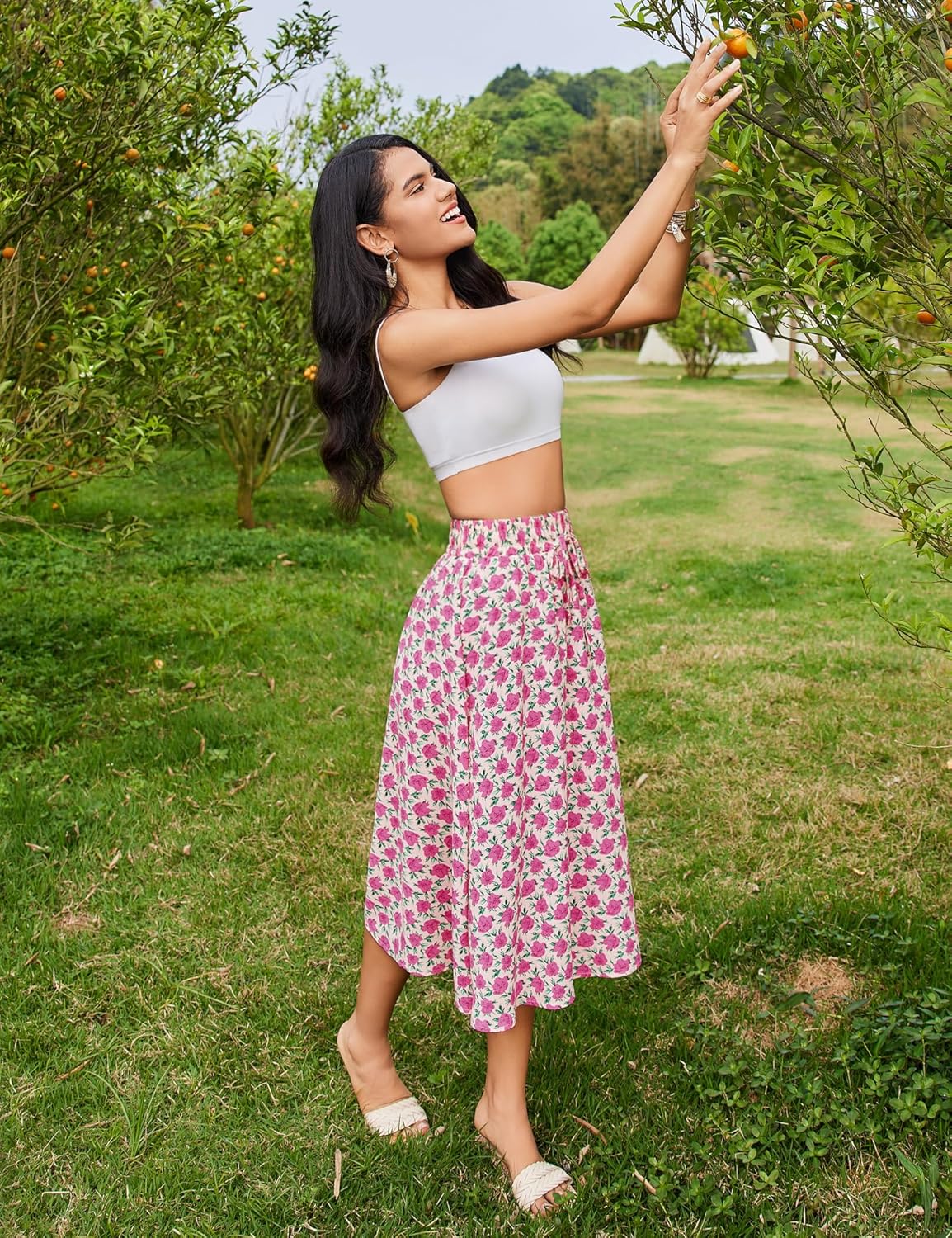Women Floral Print Midi Skirt Summer Balck
